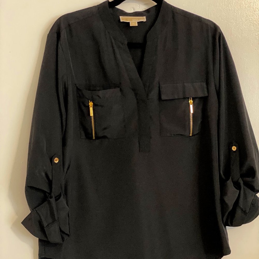 Michael Kors Black Zippered Pocket Blouse Medium